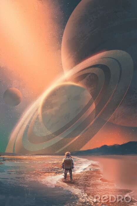 Poster Der Astronaut steht am Strand Blick auf Planeten in den Himmel, Illustration Malerei