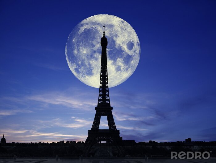 Poster Der Eiffelturm und der Mond bei Nacht