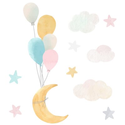Poster Der Mond von bunten Luftballons angehoben