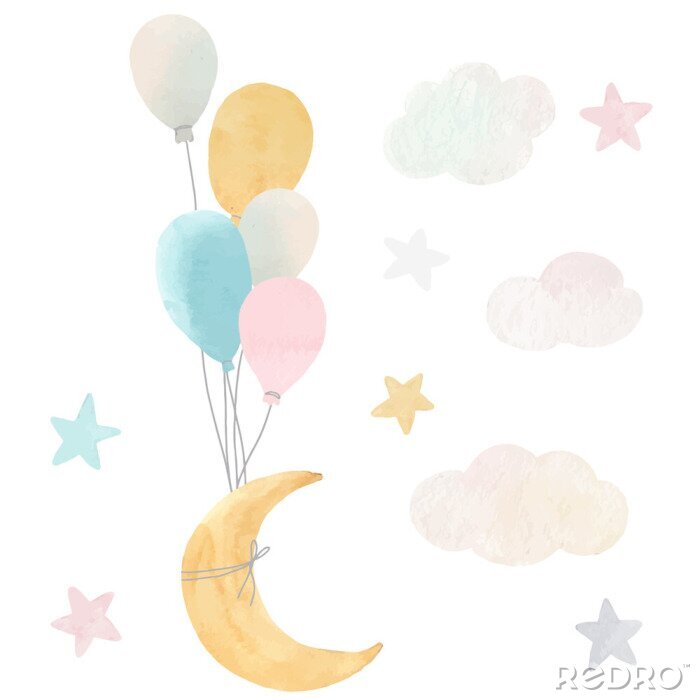 Poster Der Mond von bunten Luftballons angehoben