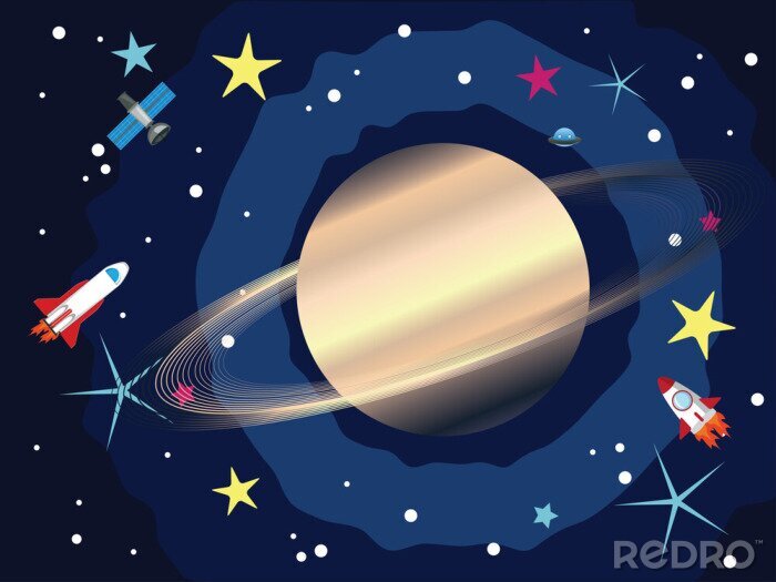 Poster Der Planet Saturn umgeben von Raumschiffen