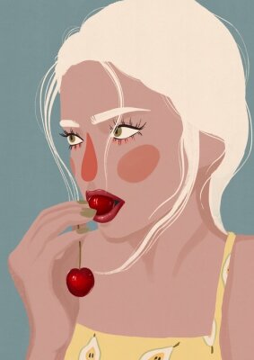 Poster Detail of young woman mouth with cherries against black background. Women illustration. Blonde girl eating cherries