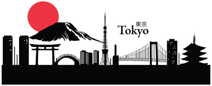 Poster Die minimalistische Silhouette der Gebäude Tokios mit dem Berg Fuji im Hintergrund.