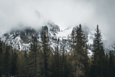 Poster Die schneebedeckten Dolomiten, eingehüllt in Winternebel.