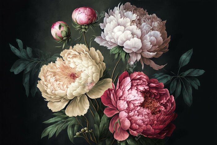 Poster Digital illustration of Peonies on a dark watercolor background, generative art