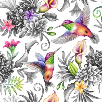 digital watercolor botanical illustration, seamless floral pattern, wild tropical flowers, humming birds, white background. Paradise garden day. Palm leaves, calla lily, plumeria, hydrangea, gerber