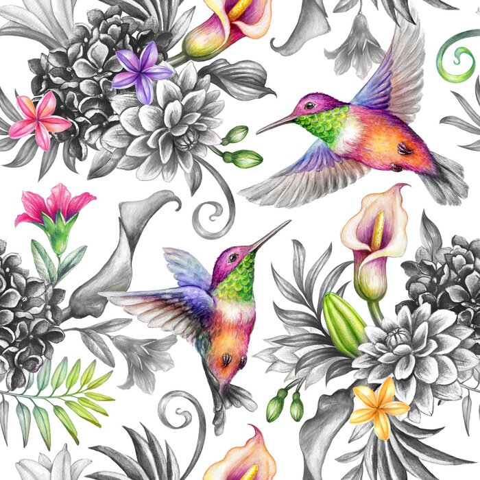 Poster digital watercolor botanical illustration, seamless floral pattern, wild tropical flowers, humming birds, white background. Paradise garden day. Palm leaves, calla lily, plumeria, hydrangea, gerber