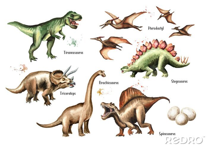 Poster Dinosaur set. Watercolor hand drawn illustration, isolated on white background