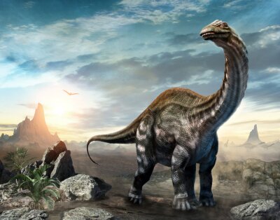 Dinosaurier Apatosaurus 3D-Konzept vor dem Hintergrund des Sonnenuntergangs