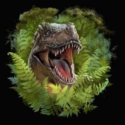 Poster Dinosaurier inmitten von grünen Farnen