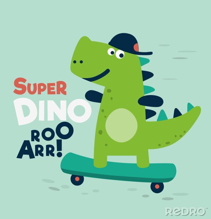Poster Dinosaurier mit einer Baseballmütze auf einem Skateboard
