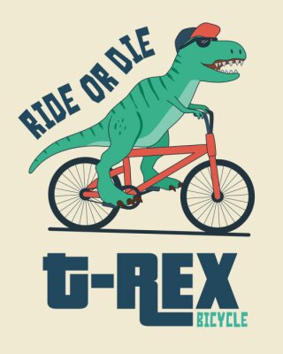 Poster Dinosaurier mit schwarzer Brille auf einem roten Fahrrad