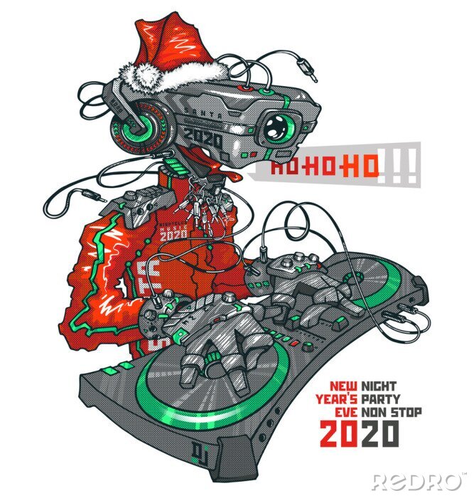 Poster DJ robot Santa 2020 and party concept. Sound event. Separate text layer