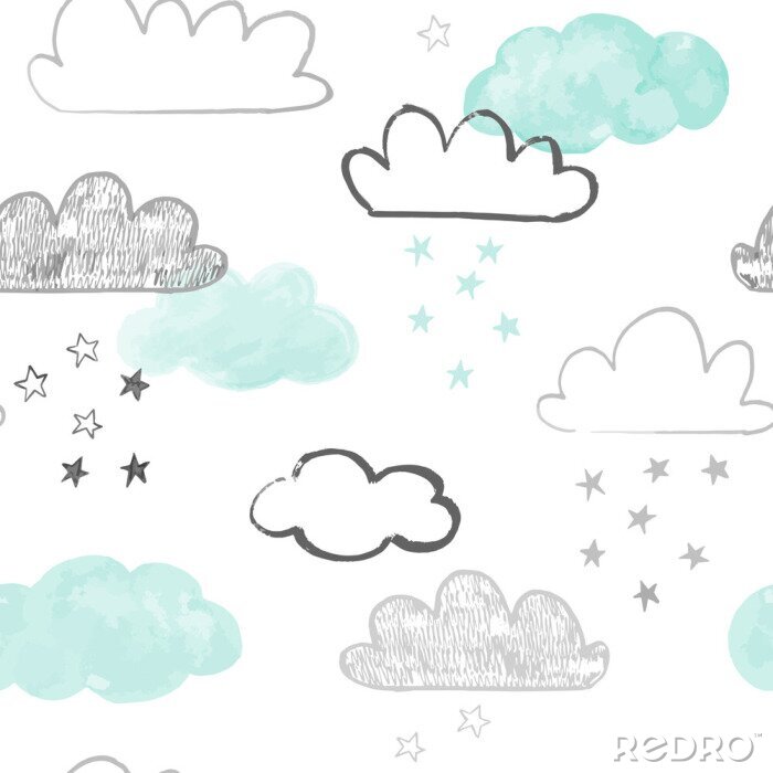 Poster Doodle clouds pattern. Hand drawn vector seamless background with clouds and stars in grey and teal. Scandinavian style print. 