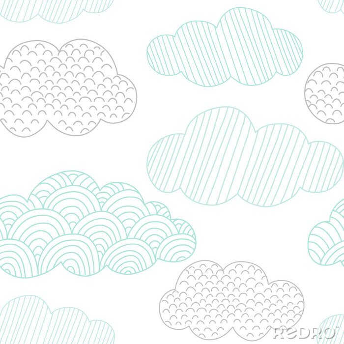 Poster Doodle clouds vector seamless pattern. Hand drawn graphic tileable background. 