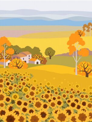 Poster Dorfwiese voller Sonnenblumen