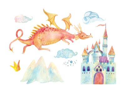 Poster Drache fliegt über eine Burg mit Türmchen