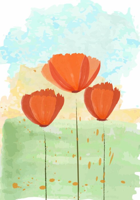 Poster Drei Mohnblumen, die nach dem blauen Himmel greifen