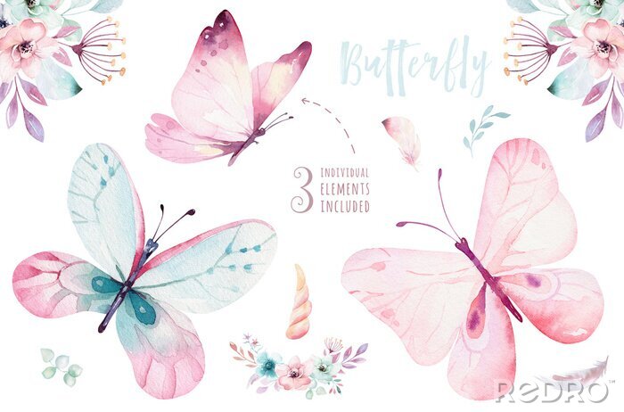 Poster Drei pastellfarbene Schmetterlinge und eine Komposition aus Blumen