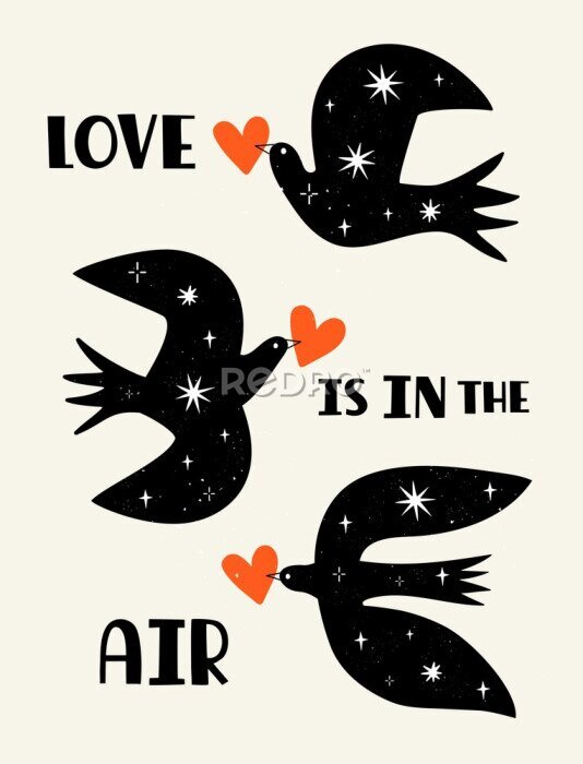 Poster Drei schwarze Vögel mit Herzen