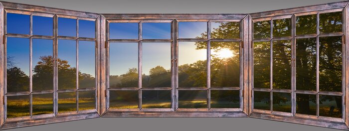Poster Dreifachfenster mit Blick auf eine Wiese