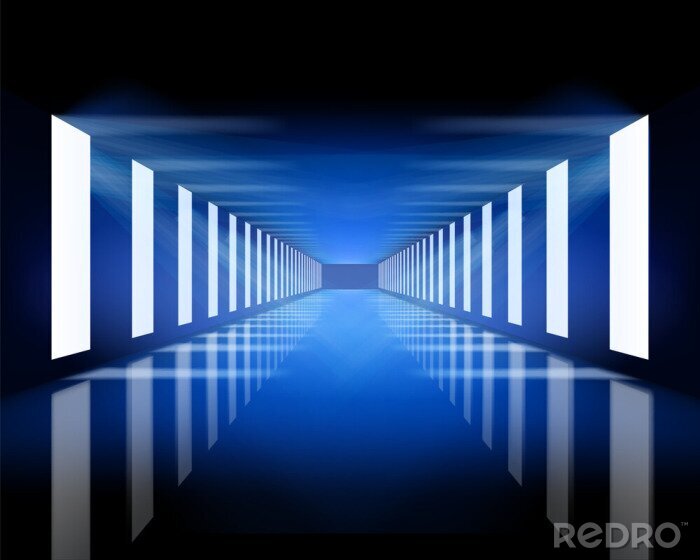 Poster Dunkler Tunnel in dunkelblauem Licht