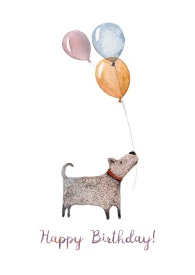 Ein drei bunte Luftballons haltender Hund