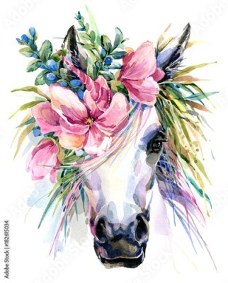 Poster Ein Einhorn mit Blumen auf dem Kopf