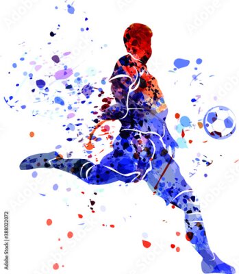 Poster Ein Fußballspieler schießt während eines Spiels einen Volleyschuss ab