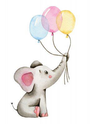 Poster Ein kleiner Elefant, der Luftballons hält