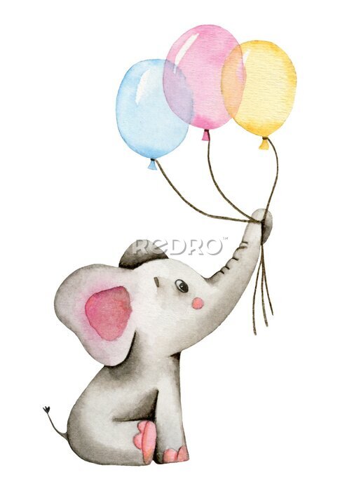 Poster Ein kleiner Elefant, der Luftballons hält