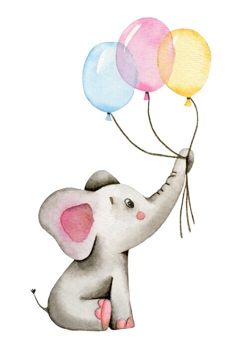 Poster Ein kleiner Elefant, der Luftballons hält