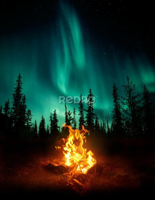 Poster Ein Lagerfeuer im Wald mit den Nordlichtern im Hintergrund