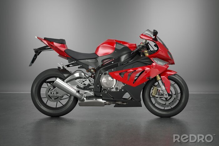 Poster Ein leistungsstarkes Motorrad mit roten Akzenten auf grauem Hintergrund