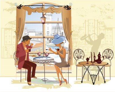 Poster Ein Liebespaar sitzt an einem Tisch in einem Café