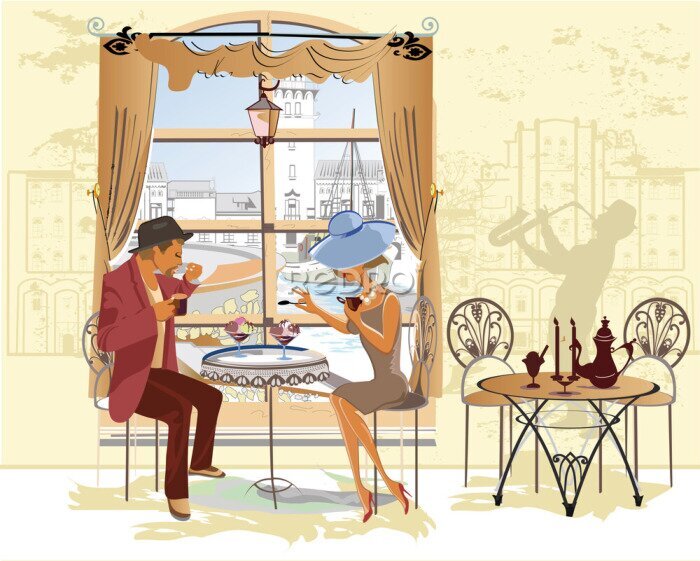 Poster Ein Liebespaar sitzt an einem Tisch in einem Café