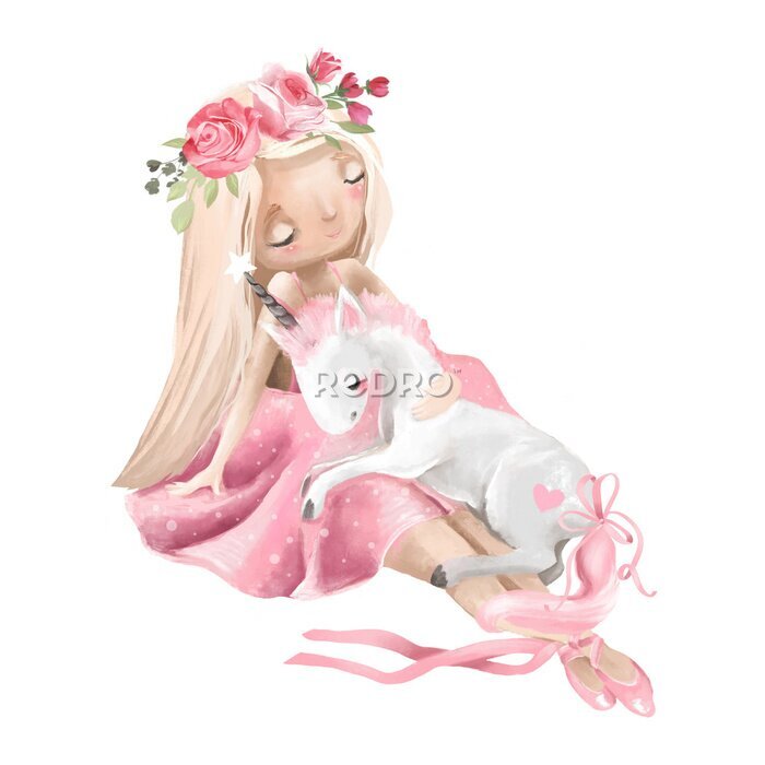 Poster Ein Mädchen umarmt ein Einhorn