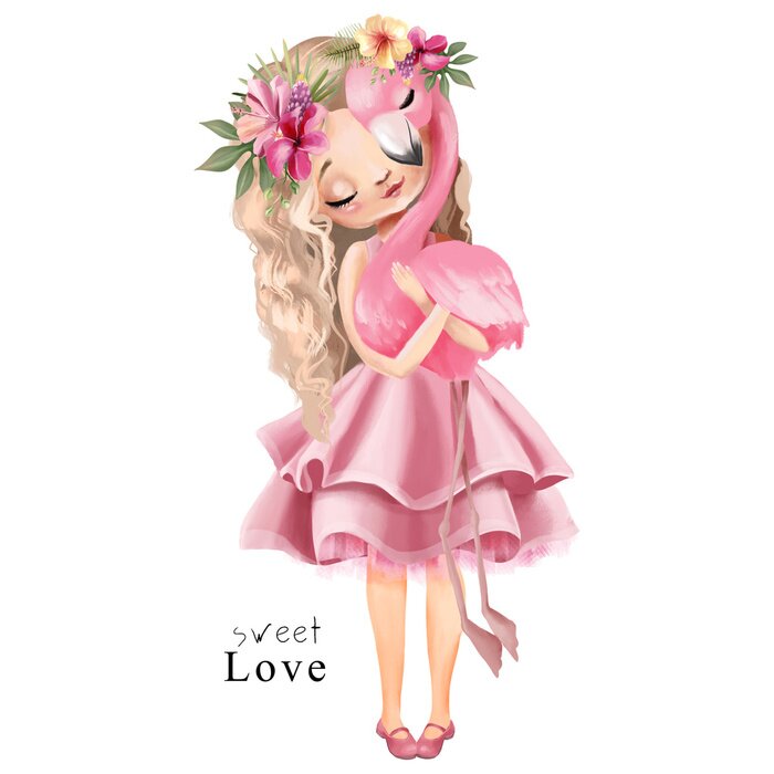 Poster Ein Mädchen umarmt einen Flamingo