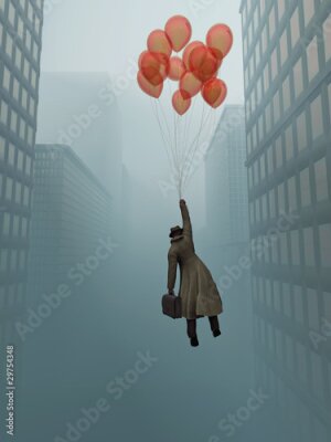 Poster Ein Mann, der mit Ballons in der Stadt fliegt
