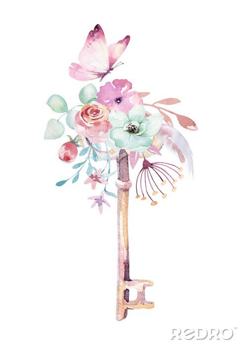 Poster Ein mit Blumen und einem Schmetterling verzierter Schlüssel