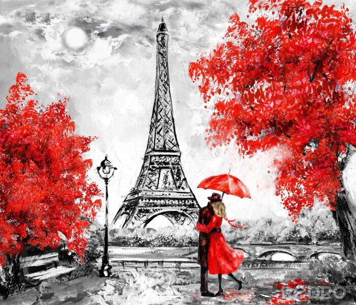 Poster Ein Paar unter einem Regenschirm vor dem Hintergrund des Eiffelturms.