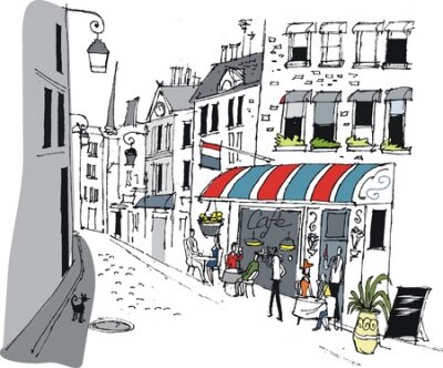 Poster Ein Pariser Café im Cartoon-Stil mit einer bunten Markise