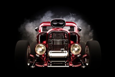 Poster Ein roter Hot Rod im Rauch vor schwarzem Hintergrund