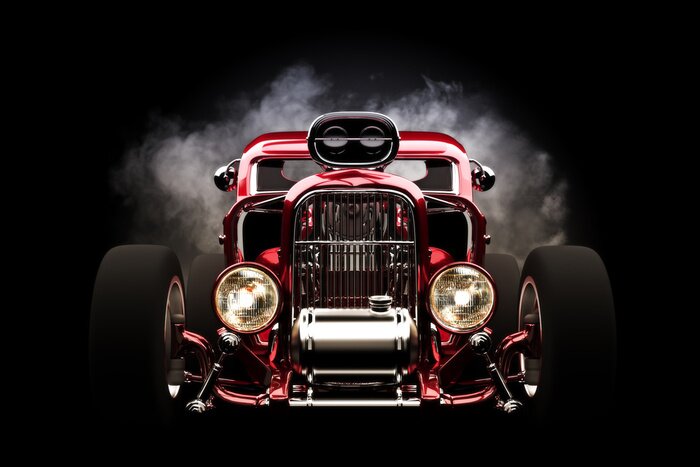 Poster Ein roter Hot Rod im Rauch vor schwarzem Hintergrund