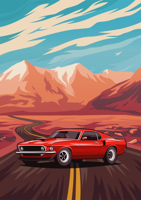 Poster Ein rotes Auto auf der Straße vor der Kulisse der Berge im Retro-Stil