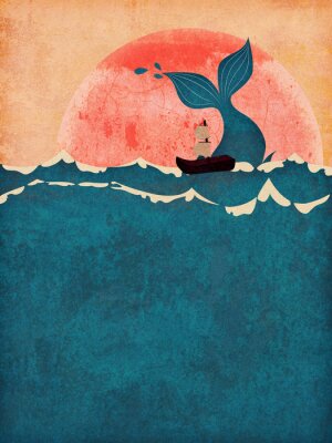 Poster Ein Schiff und ein Wal in einer Märchenillustration