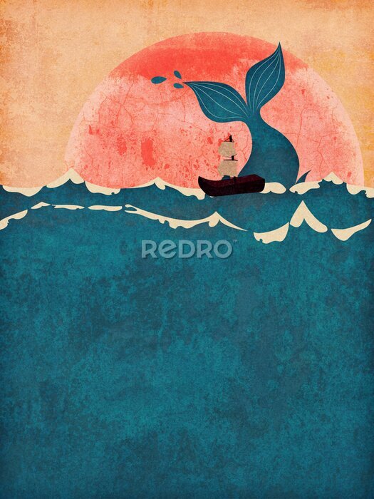 Poster Ein Schiff und ein Wal in einer Märchenillustration