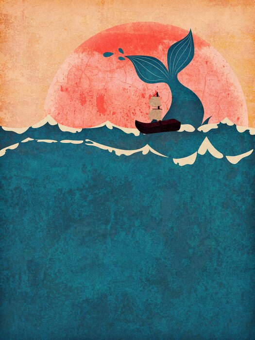 Poster Ein Schiff und ein Wal in einer Märchenillustration