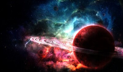 Poster Ein unbekannter roter Planet mit Ringen