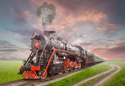 Poster Eine alte Lokomotive zieht Waggons durchs Grün